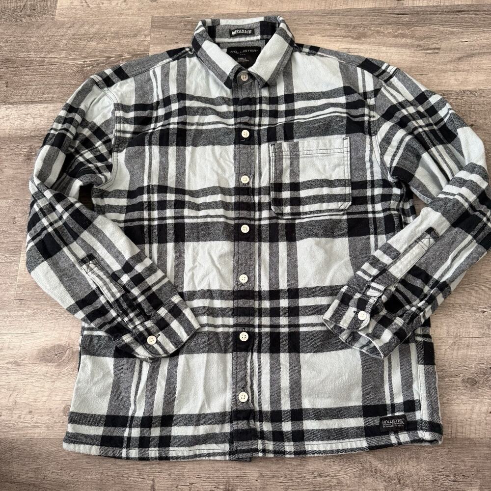 Hollister Oversized Fit Flannel Shirt Mens Small Blue Plaid Button-Up Cotton